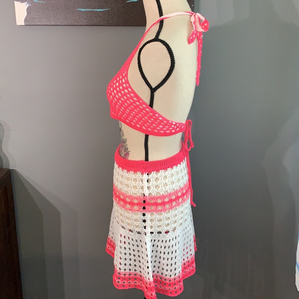 Fuchsia Pink Crochet Two Pc Tie Halter Top And Skirt Coverup Set New - Picture 8 of 14